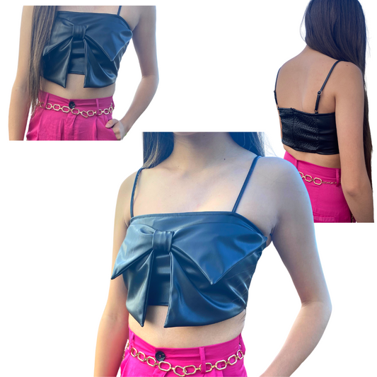 Leather bow Crop Top