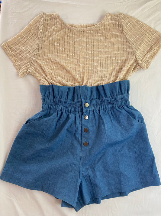 Solid Denim High-Waist Shorts