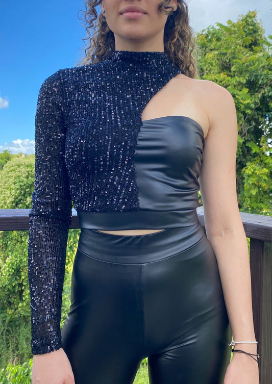 Sequins Sleeve One Shoulder Crop Top